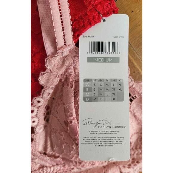 MARILYN MONROE 2pk Lace Galloon Bralettes Bra Removable Pads Red Pink M - Picture 10 of 10